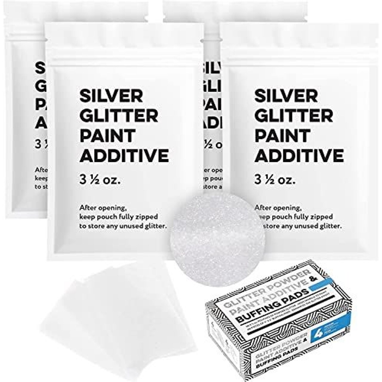 Impresa Glitter Paint Additive Kit - 4 x 3.5 Oz Ultra-Fine Silver Glitter & 4 Buffing Pads - Add to Paint or Varnish for Walls, Ceilings, Grout & Furniture